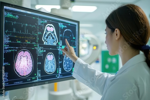 Breast cancer tumor scan results displayed on a medical screen, radiologist pointing to details, side angle, sterile room, bright lighting, sharp focus on the monitor