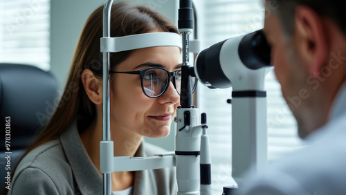 Eye examination process in a modern clinic with a woman wearing glasses and an optometrist using equipment. Generative AI