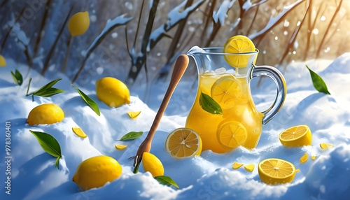 Charming pitcher of homemade lemonade on a snow drift, adorned with lemon halves and a rustic wooden stirrer