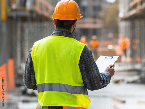 Construction worker reviewing plans on a site with safety gear, ensuring project progress and safety compliance.