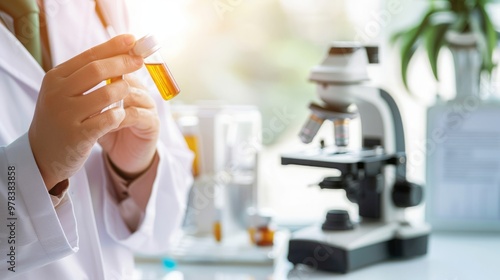 Scientist in lab coat holding vial of experimental drug, withmicroscope and scientific eauipment, symbolizing drug trials and medical researchprocess.