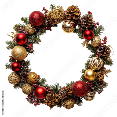 Beautifully crafted Christmas wreath made of pine branches pine cones red and gold ornaments and festive ribbons Hanging against a plain white background creating a cozy and joyful holiday display