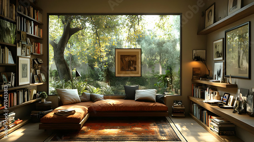 Cozy Reading Nook with Bookshelves and Window View