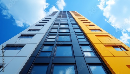 Modern Building Facade with White, Black, and Yellow Panels