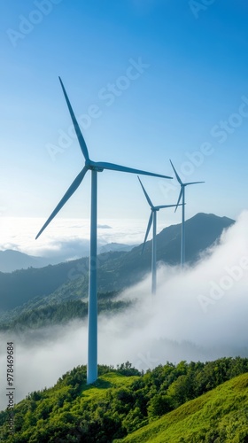 A serene landscape featuring wind turbines amidst lush green hills and rolling clouds, highlighting renewable energy and nature.