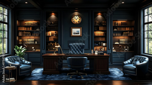 Dark Blue Home Office Design with Leather Chairs and Bookcases