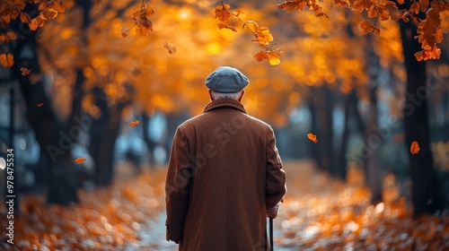 Old Man Strolling with Cane - Autumn Park Walk - Senior Enjoying Tranquil Solitude