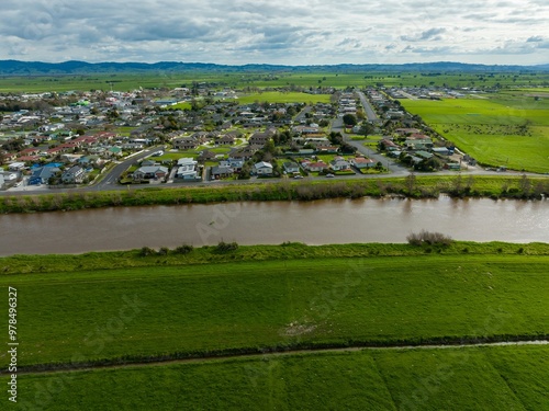 The Waihao river and the townships of Ngatea, Waikato, New Zealand.