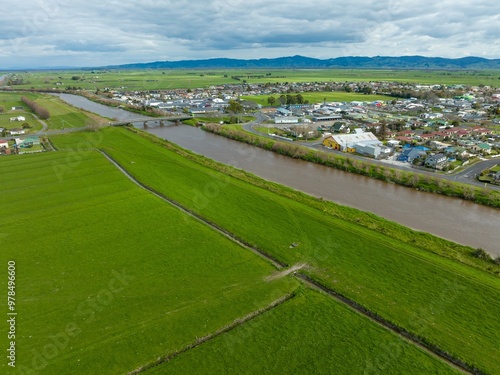 The Waihao river and the townships of Ngatea, Waikato, New Zealand.