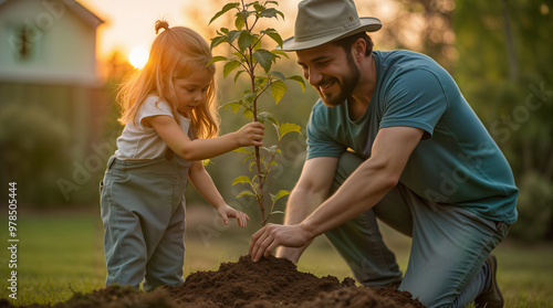 A father and his daughter plant a tree together, promoting eco-balance and environmental stewardship. This scene is perfect for themes of sustainability, family bonding, and nature conservation