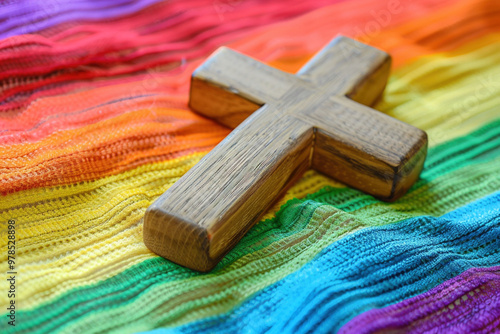 Rainbow LGBTQ gay flag as a symbol of tolerance and reformation in a church. Religion cross belief faith and LGBT flag on background, christianity and homosexuality freedom pride