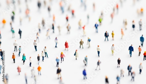 Focused image of miniature figures walking on a white background, representing crowd dynamics and social behavior.