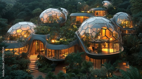 Modern dome architecture illuminated in forest, showcasing eco-friendly living and futuristic design elements amidst greenery at night.