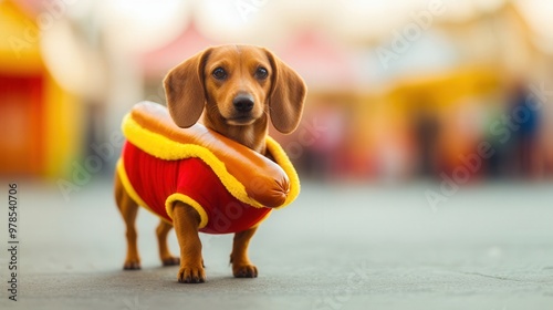 Cute dachshund puppy in a hot dog costume with a colorful blurred background. Perfect for pet, funny costume, and dog lover themes.