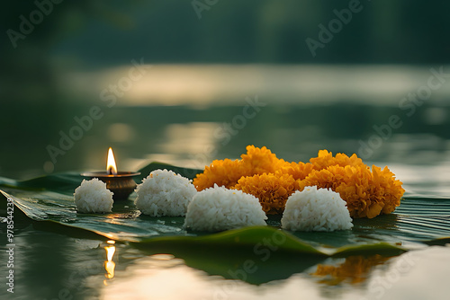 An offering with flowers in a river for Pitru Paksha festival