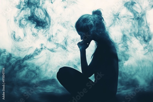 Silhouette of a woman sitting and smoking, surrounded by smoke, representing demons in the form of thoughts or emotions that create inner struggle and anxiety.