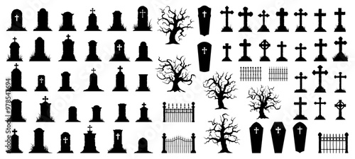 Cemetery tombstones with crosses, graveyards and headstones, vector fence and trees. Coffins and caskets with gravestones and RIP cross, tombstone memorial with crypts and funeral grave silhouettes