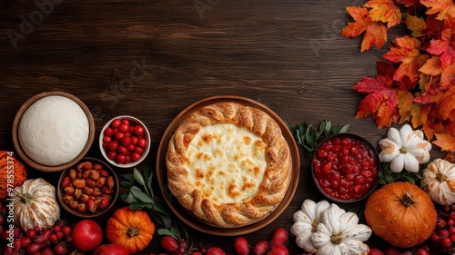 A delicious autumn spread featuring a cheesy pie surrounded by colorful fall vegetables and seasonal leaves.