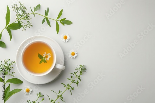 Freshly brewed herbal tea, white background, calming beverage