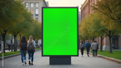 University campus, students walking with vertical blank green screen billboard mock-up