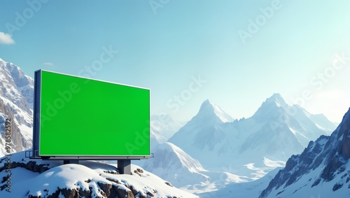 Blank horizontal green screen billboard in snowy mountains