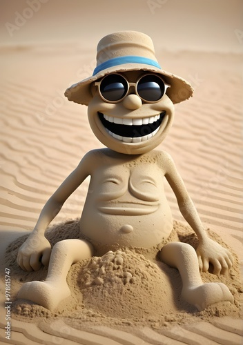 Sandy the Sand Dude: A goofy sandman character with big, round eyes and a wide, toothy grin. His body is made of sculpted sand, with smooth, rounded features. He’s casually lounging on the sand.