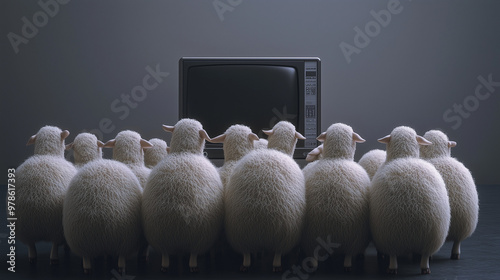 Sheep with TV screens, brain addicted to social media, manipulation and mind control by media, disconnected to reality