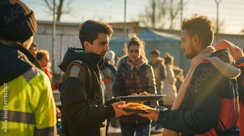 Volunteers distributing food and blankets to refugees in a crowded camp, expressions of gratitude and relief, sense of humanitarian aid and support, diverse group receiving essential supplies