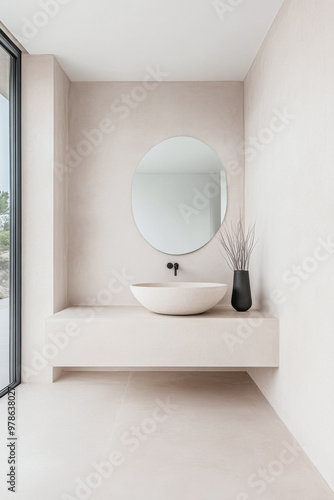 Contemporary minimalist bathroom with a round mirror and sleek basin in neutral tones, featuring natural light from large windows