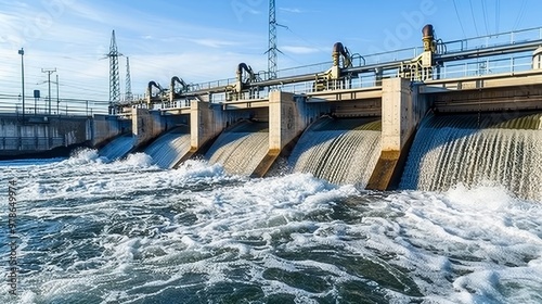 Hydroelectric dam harnessing river power with turbines for clean energy and carbon neutrality