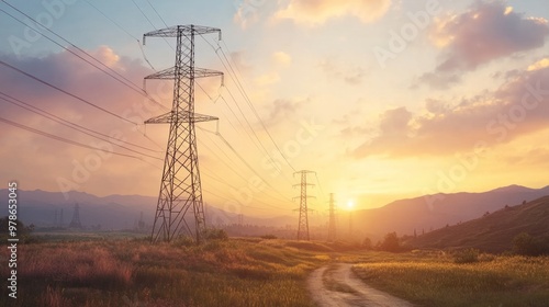 An outdoor scene showing power transmission lines stretching across a rural landscape, sunset in the background,