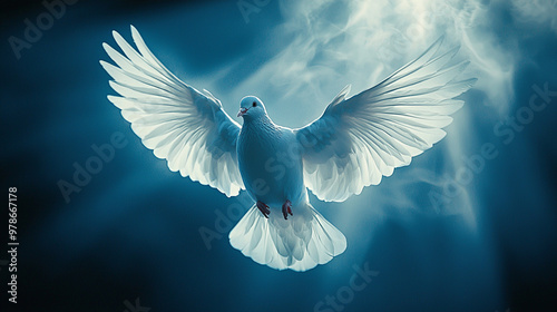 A Celestial Symbol of Divine Presence: A Majestic White Dove, Illuminated by the Divine Light, Representing the Holy Spirit