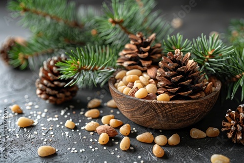 pine nuts with cones in a wooden bowl banner or background