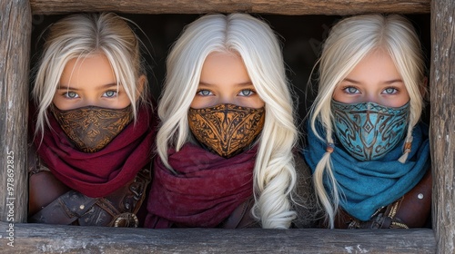 Three women with bandanas covering their faces