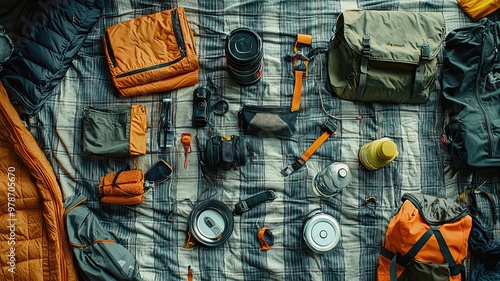 Top view of essential outdoor gear and equipment organized on a plaid blanket, perfect for adventure enthusiasts.