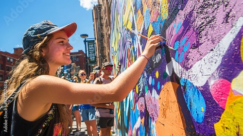 A talented young artist brings a vibrant mural to life on a public wall, captivating a gathering of intrigued spectators.