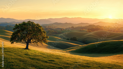 Serene landscape at sunset with rolling hills, an oak tree in the foreground, and warm golden sunlight illuminating the scene