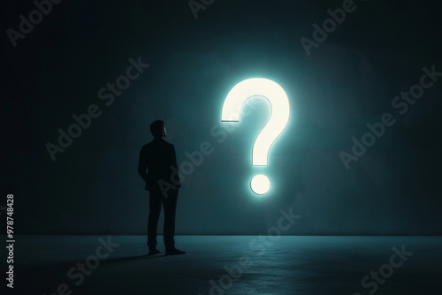 Businessman thinking looking at question mark on wall about the business he is working on.