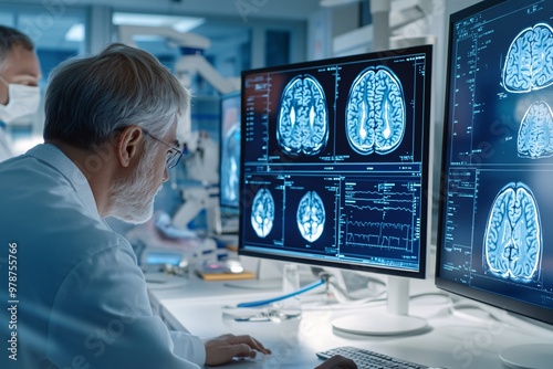 A medical laboratory specializing in neuroscience with researchers gathered around digital screens showing brain scans and viral video analytics