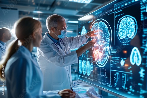 Researchers in a neuroscience facility having a meeting, with data projections of brain activity and viral medical content in the background