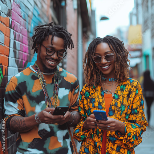 sweetheart Woman and man using mobile phone looking at smartphone holding