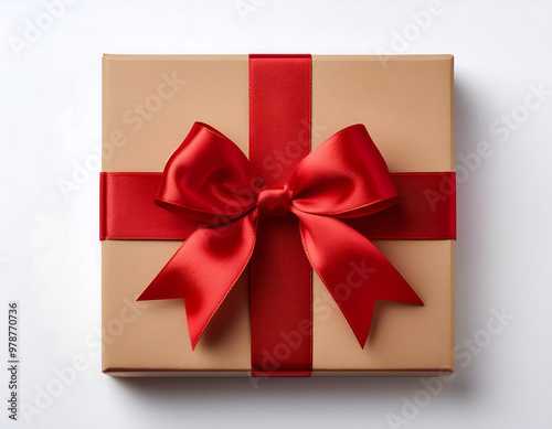  Cardboard gift box with a red bow, isolated on a white background, perfect for flat lay hol_1(183)