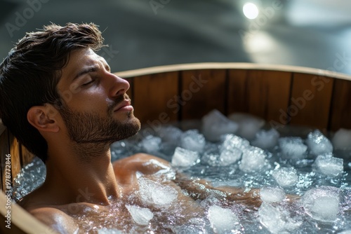 Man enjoying an ice bath in a wooden tub