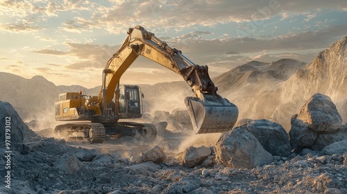 Amidst a harsh, rocky landscape, an excavator confronts formidable boulders, its robust machinery skillfully breaking through the tough terrain and clearing the way for further excavation. realistic