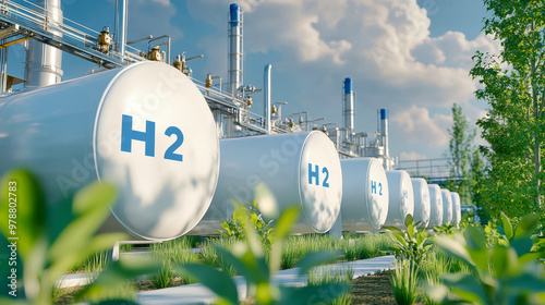 A modern hydrogen production facility showcases gleaming H2 tanks, surrounded by pipelines and greenery, all set against a blue sky with industrial elements