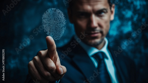 A businessman confidently displaying his thumbprint, emphasizing the concept of business identity and personal branding