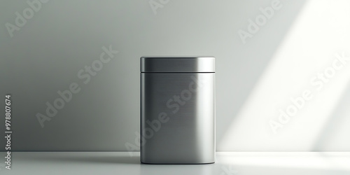 A sleek, silver container sits on a white surface against a white background, with a sliver of light casting a shadow on the surface.