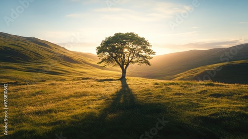 A single tree in a grassy valley, its shadow stretching out as the sun rises over the hills. Focus on the natural light and tree. No people.