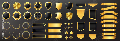 Luxury golden labels elements. Cartoon premium badges and stickers collection with golden glitters and shiny foil textures. Vector certificate seals set.eps