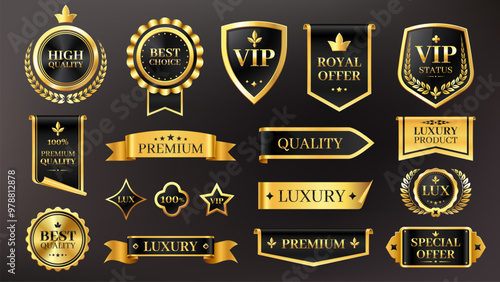 Golden luxury labels. Premium quality badges with golden stars and ribbons for product rating. Shiny stickers and seal for certificate vector set.eps